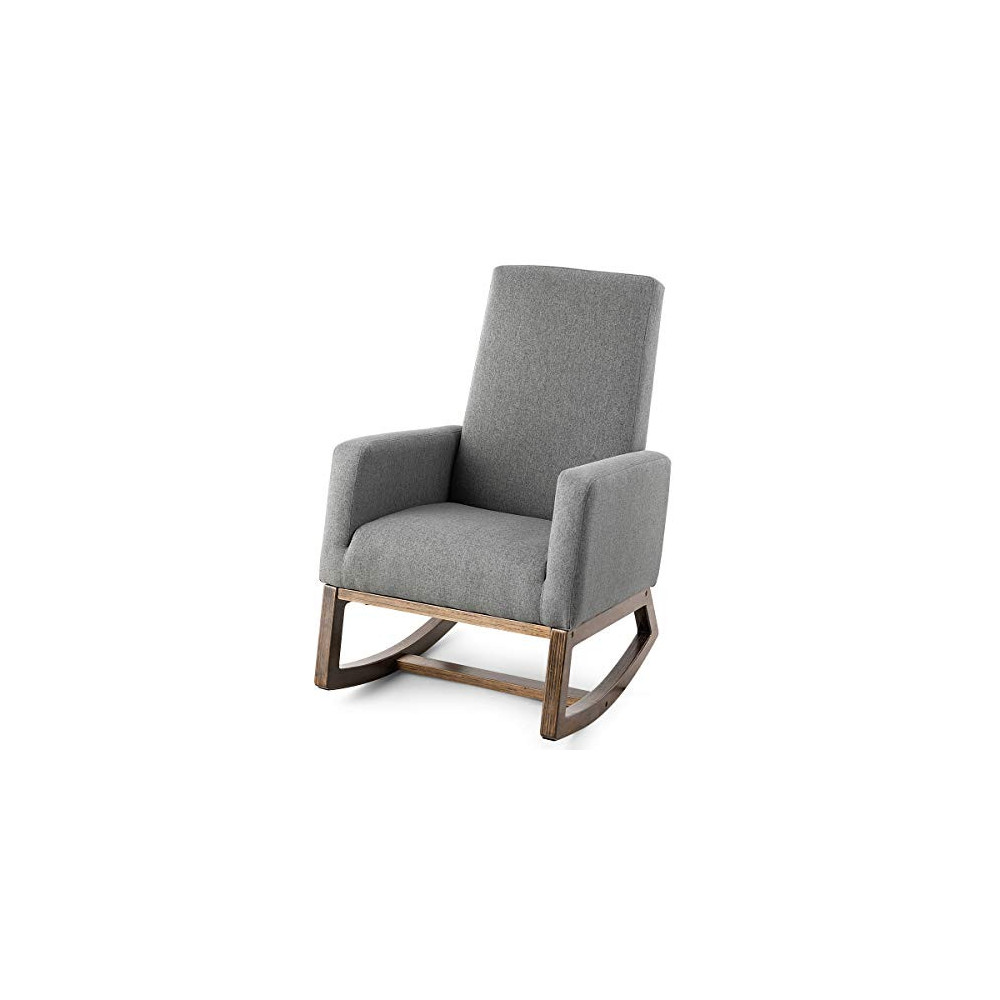 Giantex Upholstered Rocking Chair, Modern High Back Armchair, Comfortable Rocker Fabric Padded Seat Wood Base, Massage Rockin