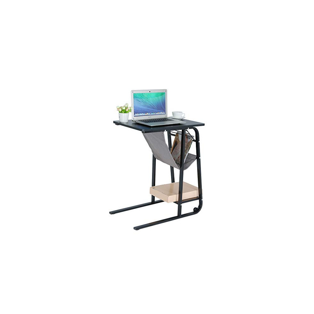 Side Table End Table C-Shape Table Computer Laptop Workstation Coffee Tray Overbed Table with Storage Basket Mobile Wheel for