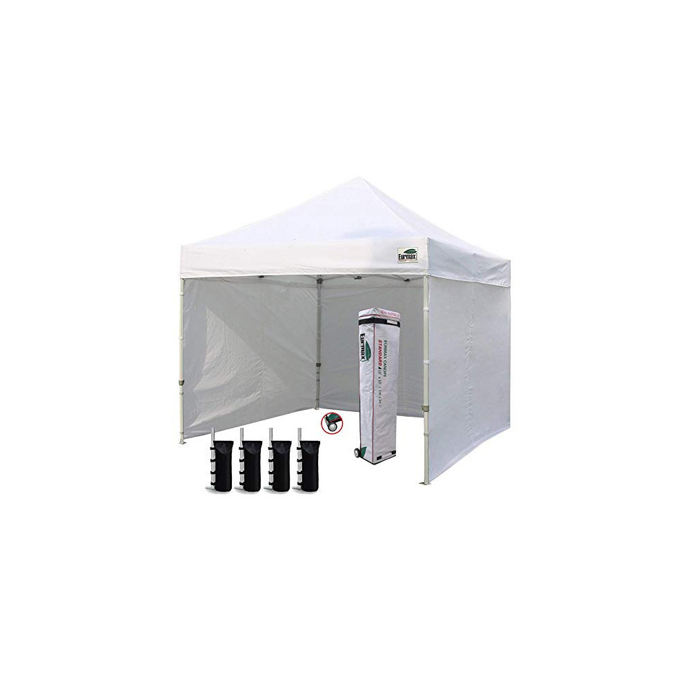 Eurmax 10x10 Ez Pop-up Canopy Tent with 4 Removable Side Walls and Roller Bag, Bonus 4 SandBags, White