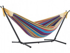 Vivere Double Cotton Hammock with Space Saving Steel Stand, Tropical  450 lb Capacity - Premium Carry Bag Included 