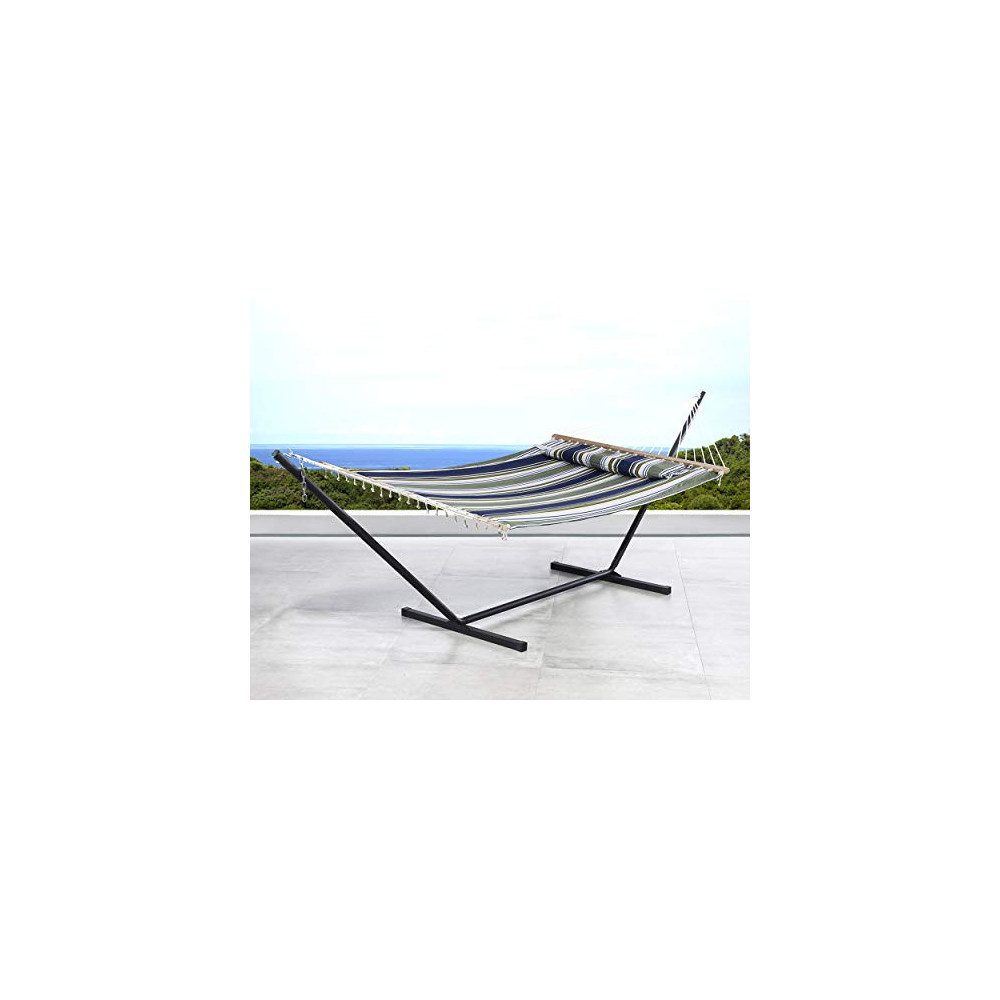 SUNCREAT Double Hammock, Extra Large Quilted Fabric Swing with Thick Hardwood Spreader Bars & Detachable Pillow, Heavy Duty, 