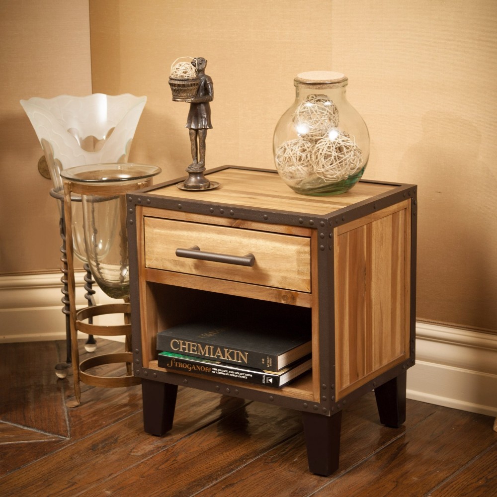 Glendora Industrial Solid Wood Single Drawer End Table Nightstand | Universe Furniture