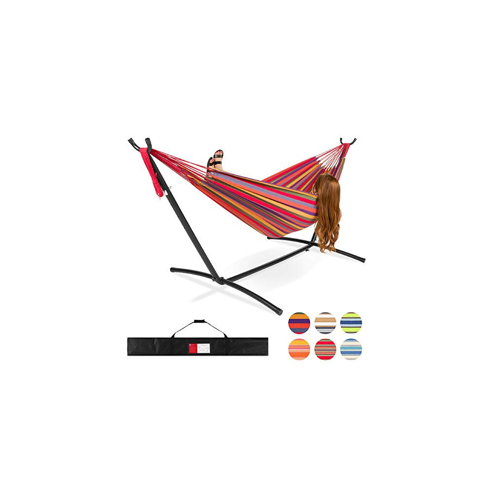 Best Choice Products 2-Person Brazilian-Style Cotton Double Hammock Bed w/Carrying Bag, Steel Stand, Rainbow