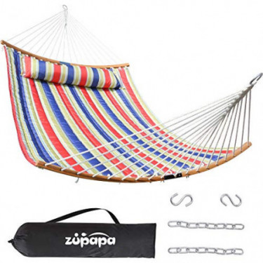 Zupapa Quilted 2 Person Hammock Curved Bamboo Spreader Bars, Heavy-Duty Double Hammock Swing, Folding Portable Large Hammocks