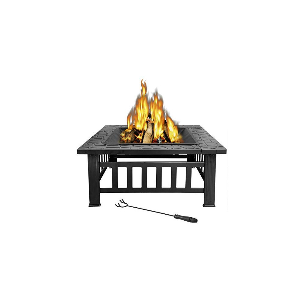 LEMY 32 inch Outdoor Square Metal Firepit Backyard Patio Garden Stove Wood Burning BBQ Fire Pit with Rain Cover, Faux-Stone F