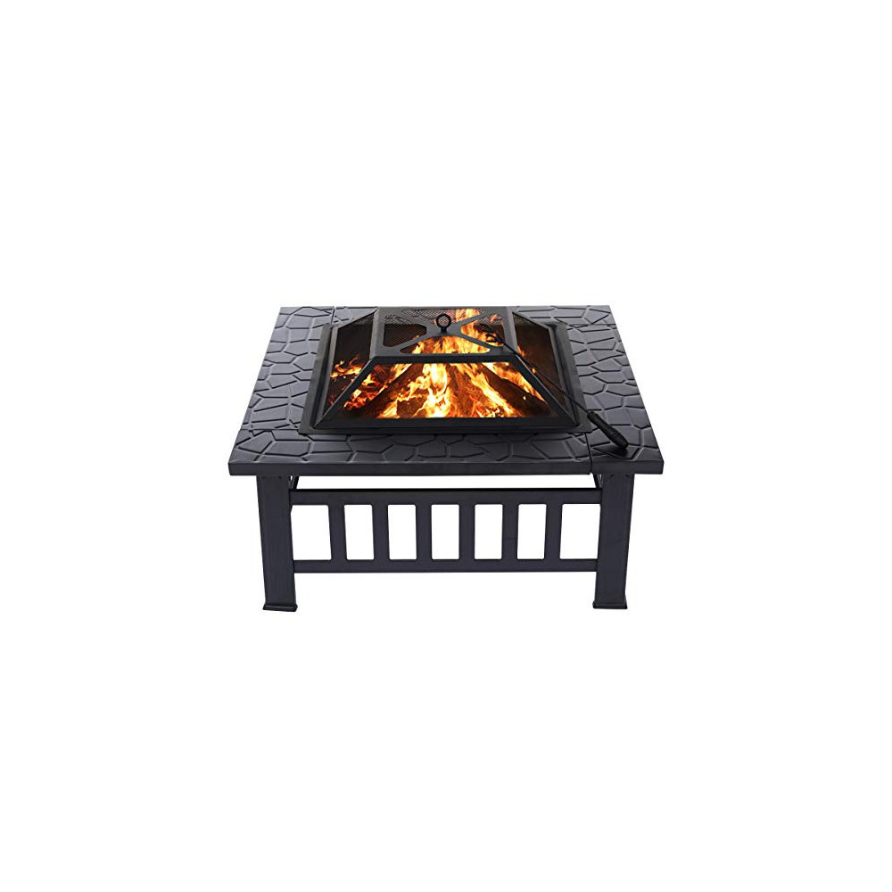 KINGSO 34 Outdoor Fire Pit Metal Square Firepit Patio Stove Wood Burning BBQ Grill Fire Pit Bowl with Spark Screen Cover, L