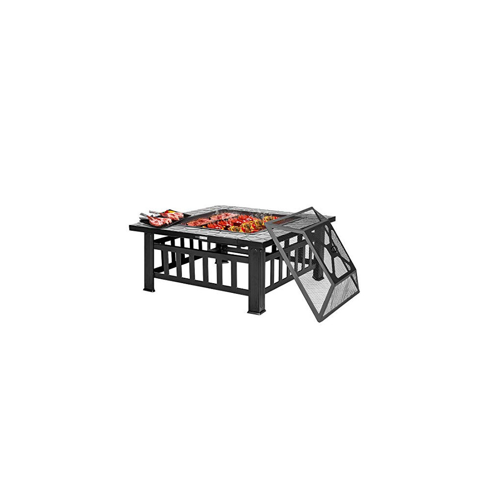 VIVOHOME 32 Inch Heavy Duty 3 in 1 Metal Square Patio Firepit Table BBQ Garden Stove with Spark Screen Cover Log Grate and Po