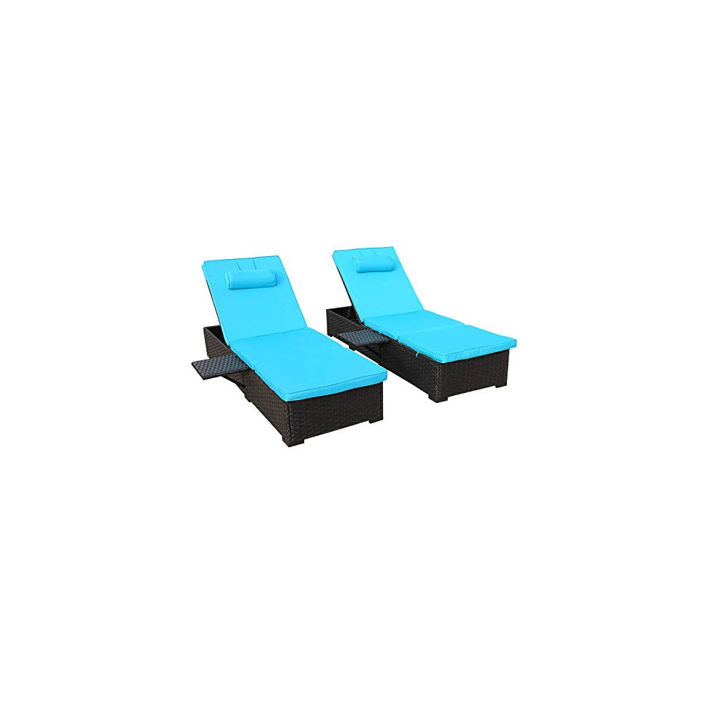 Outdoor PE Wicker Chaise Lounge - 2 Piece Patio Black Rattan Reclining Chair Furniture Set Beach Pool Adjustable Backrest Rec