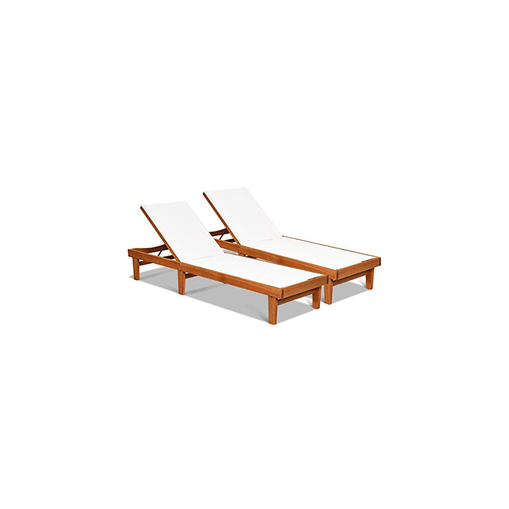 Tangkula Outdoor Wooden Chaise Lounge Chair, Patio Chaise Lounger with Adjustable Back, Eucalyptus Wood Reclining Lounge Chai