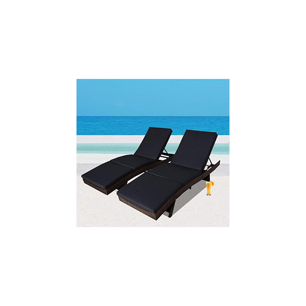 Outdoor Patio Synthetic Backyard Poolside Garden Black Rattan Wicker Chaise Lounge Chair Cushioned Set Adjustable with Armres