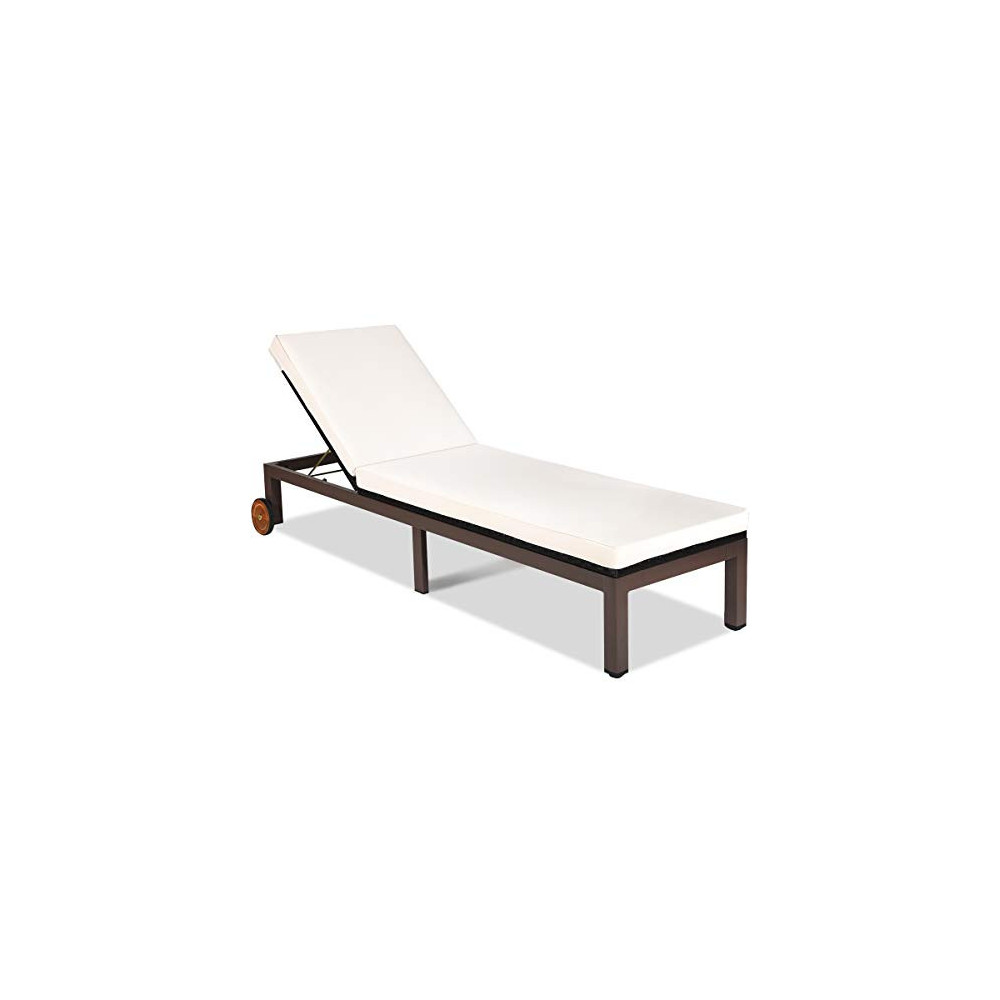 Tangkula Patio Chaise Lounge Chair, Outdoor Rattan Lounger Recliner Chair with Wheels, Wicker Chaise Chair with Cushioned Sea