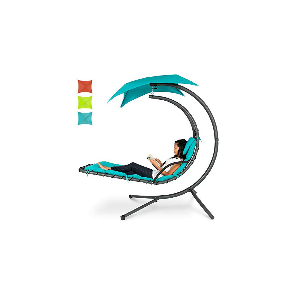 Best Choice Products Hanging Curved Chaise Lounge Chair Swing for Backyard, Patio w/Pillow, Canopy, Stand - Teal