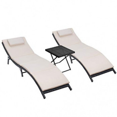 Homall 3 Pieces Patio Chaise Lounge Chair Sets Outdoor Beach Pool PE Rattan Reclining Chair with Folding Table and Cushion  B