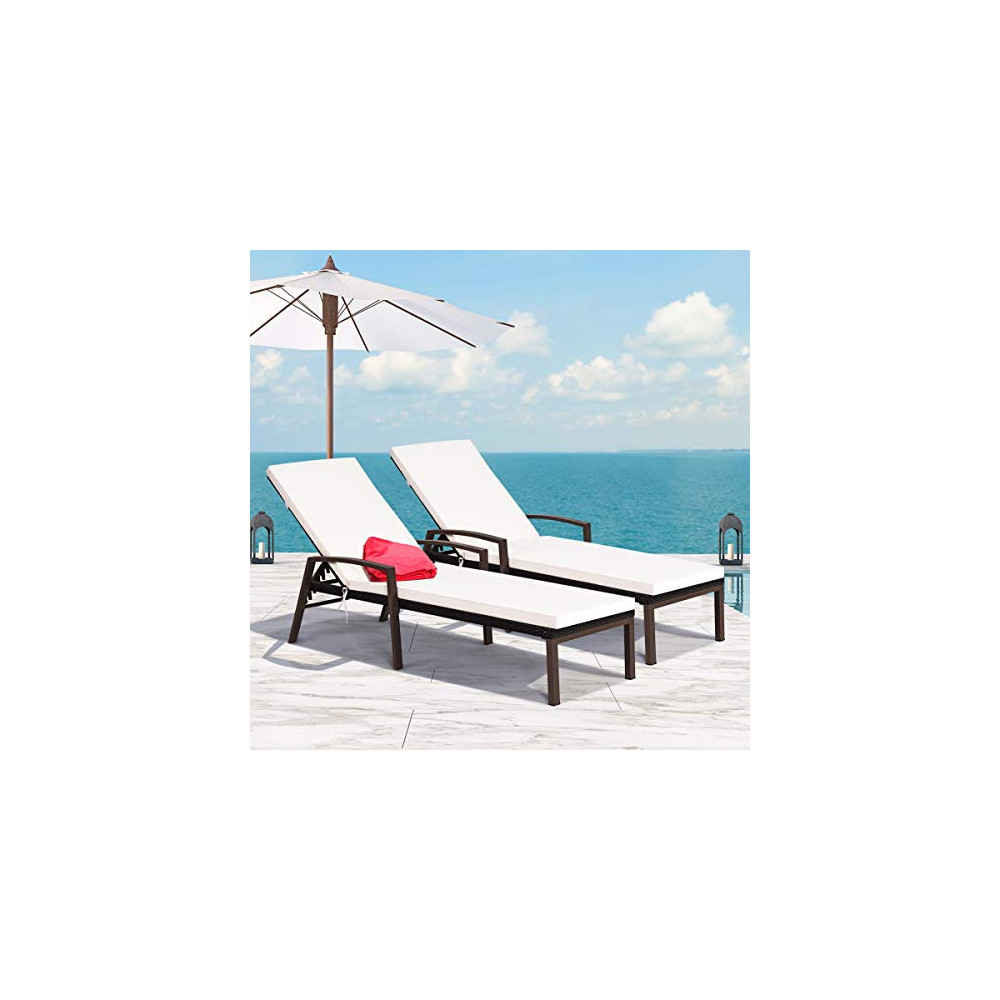 Tangkula Set of 2 Patio Furniture Outdoor Rattan Wicker Lounge Chair Set Adjustable Poolside Chaise with Armrest and Removabl