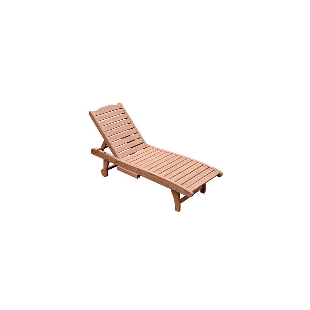 Outsunny Reclining Outdoor Wooden Chaise Lounge Patio Pool Chair with Pull-Out Tray