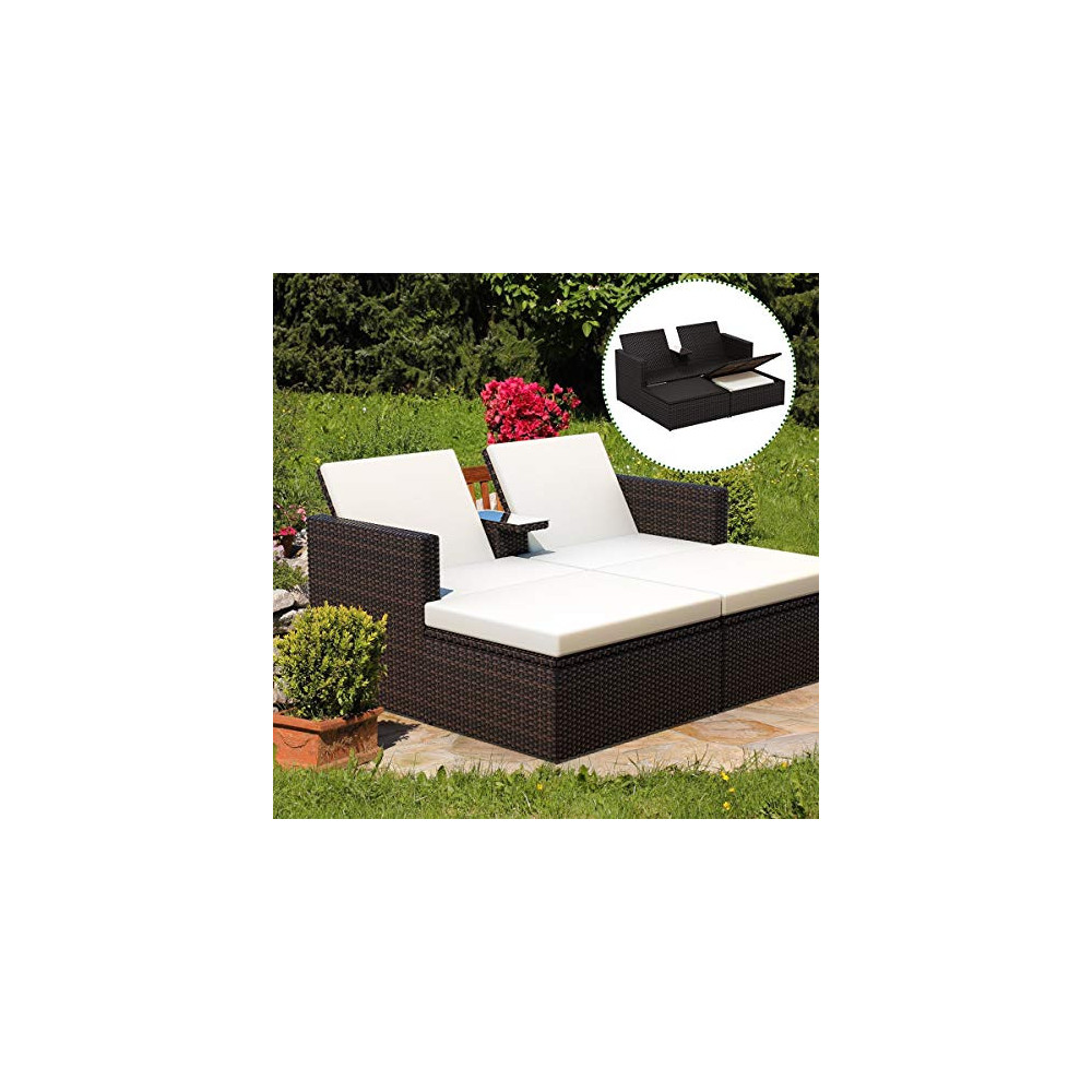 Tangkula 3 Pieces Wicker Chaise, with Storage Ottoman, Outdoor Poolside Garden Adjustable Sun Lounge Bed with Table and Cushi