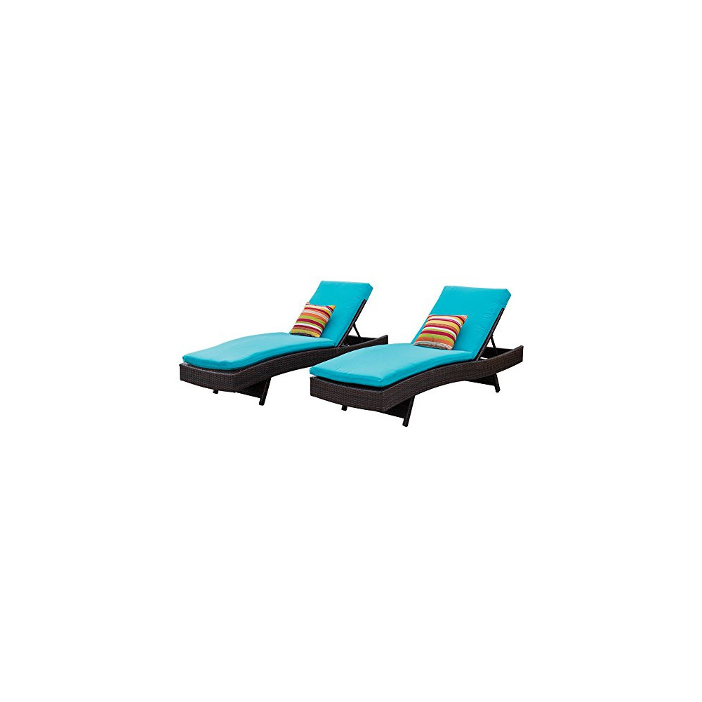 Sundale Outdoor 2PCS Deluxe Patio Adjustable Resin Wicker Chaise Lounge Chair Set with Cushions and 2 Throw Pillows  Blue 