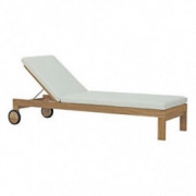 Modway Upland Teak Wood Outdoor Patio Chaise Lounge Chair with Cushions in Natural White
