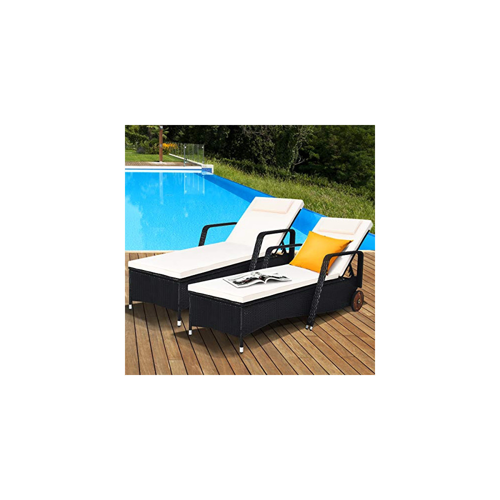 Tangkula Adjustable Patio Rattan Wicker Lounge Chair with Wheels, Modern Rattan Chaise Chair with Cushioned Seating and Back 