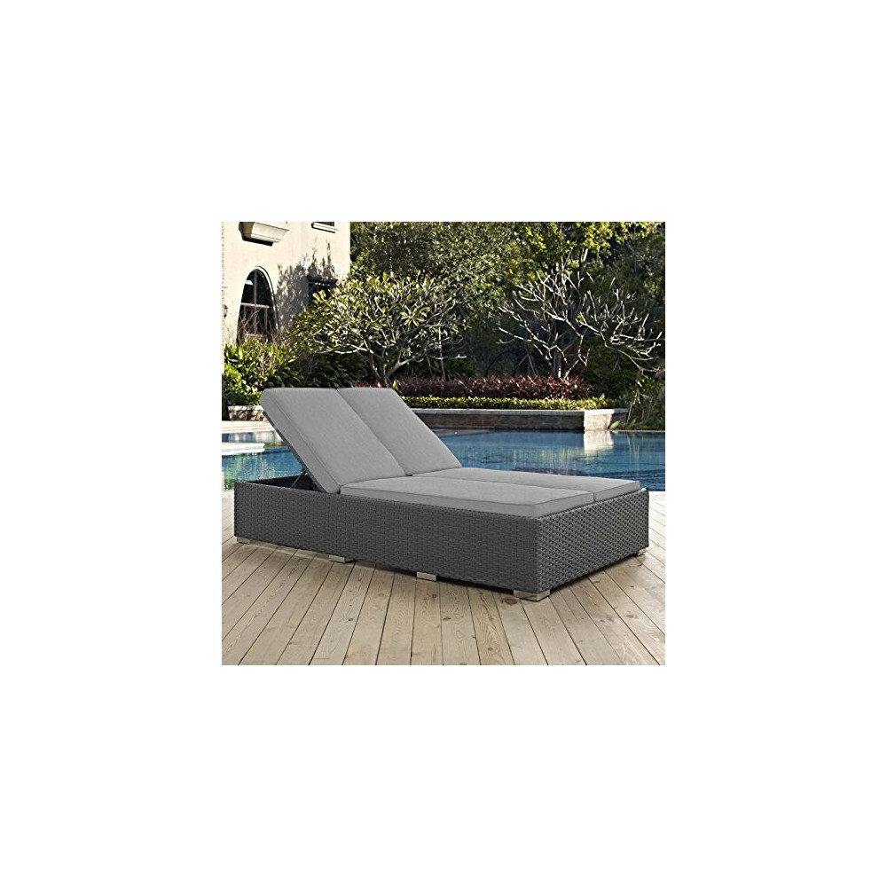 Modway Sojourn Wicker Rattan Outdoor Patio Sunbrella Fabric Double Chaise in Chocolate Gray