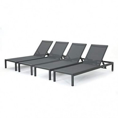 Christopher Knight Home Coral Bay Outdoor Aluminum Chaise Lounges with Mesh Seat, 4-Pcs Set, Grey / Dark Grey