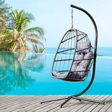 Egg Chair with Stand Indoor Outdoor Patio Wicker Hanging Chair Aluminum Frame Swing Chair Patio Egg Chair with UV Resistant G