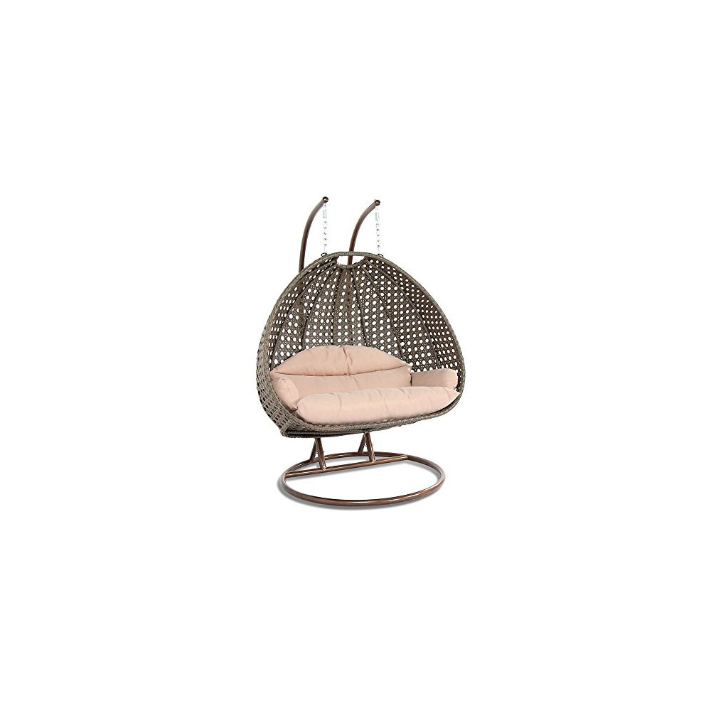 LeisureMod Wicker 2 Person Double Hanging Swing Egg Chairs Patio Indoor Outdoor Use Lounge Chair  Beige 