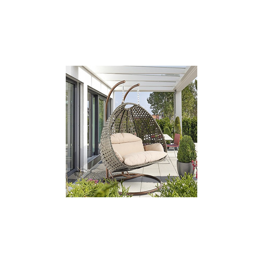 LeisureMod Wicker 2 Person Double Hanging Swing Egg Chairs Patio