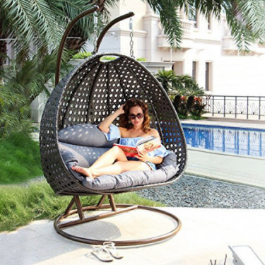 Island Gale Luxury 2 Person Wicker Swing Chair   2 Person  X-Large, Charcoal Rattan/Charcoal Cushion 