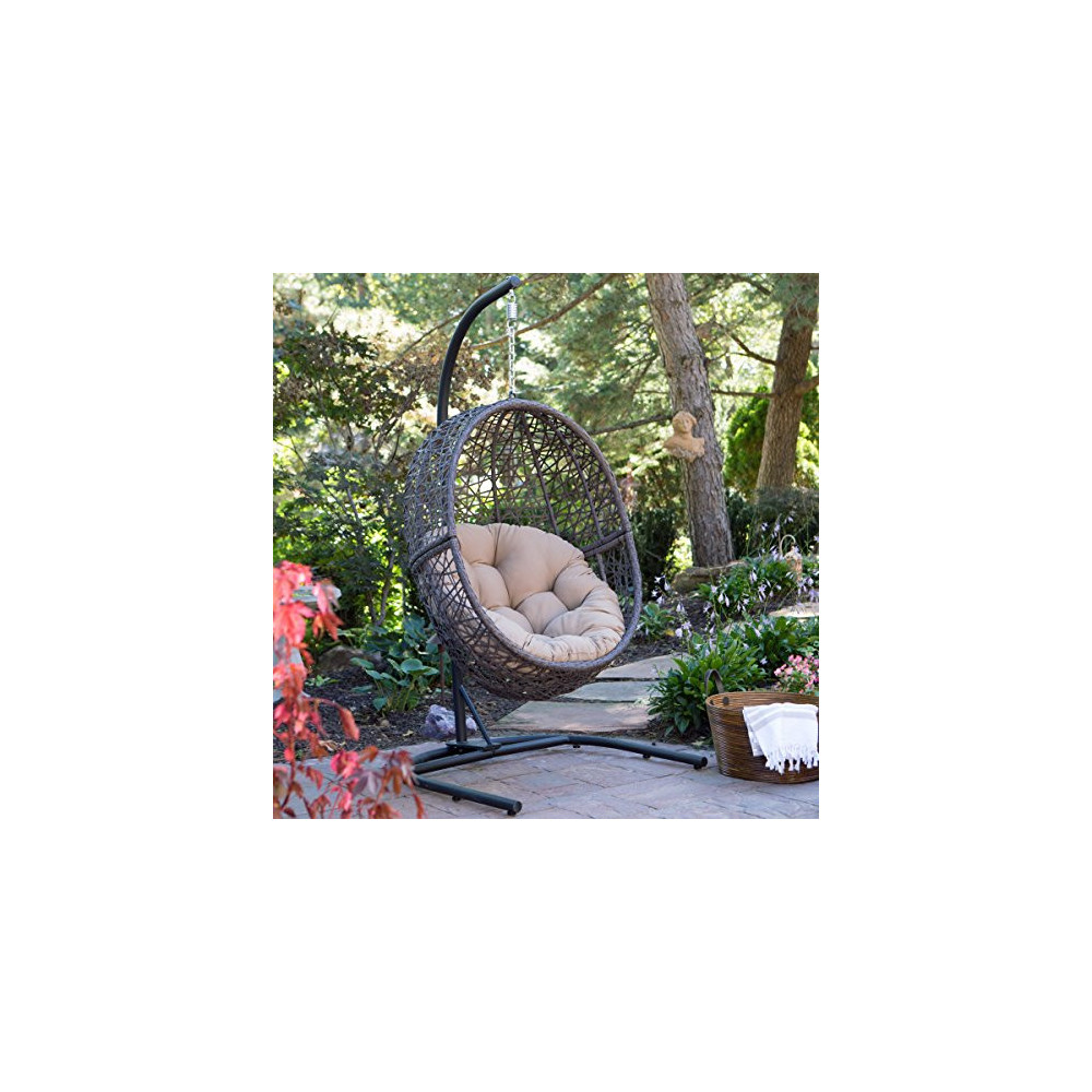 Resin Wicker Espresso Hanging Egg Chair with Tufted Khaki Cushion and Stand
