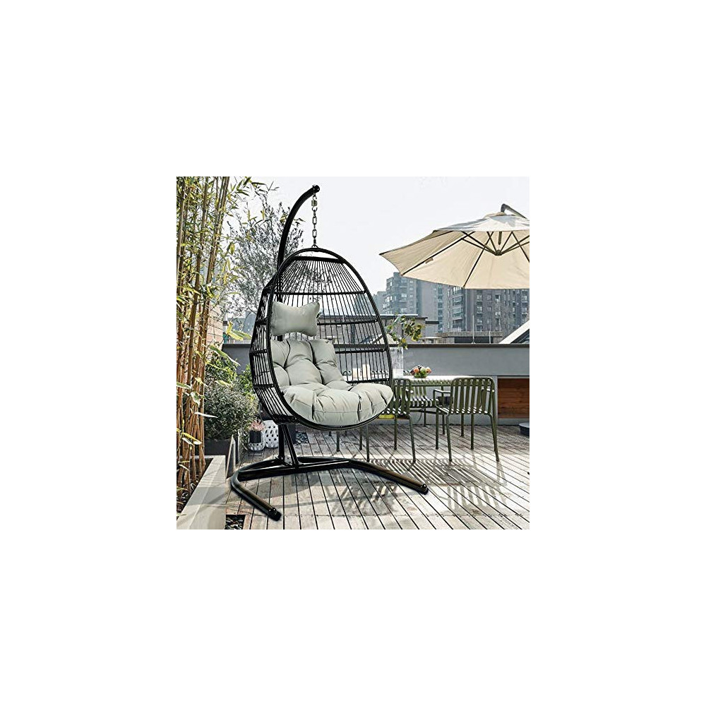 TOME Foldable Swing Chair with Stand, Rattan Wicker Hanging Egg Chair Hammock Chair with Cushion and Pillow for Indoor Outdoo