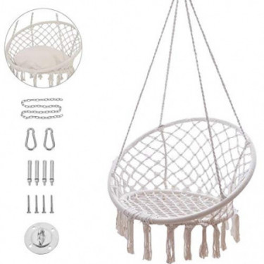 Hammock Chair Macrame Swing with Hanging Hardware Kit Cussion,330 Pound Capacity,Handmade Knitted Cotton Rope Hanging Chair, 