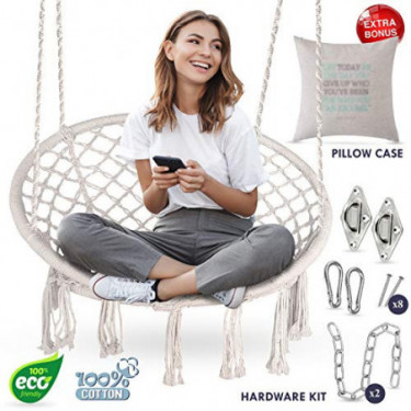 Macrame Chair Swing | Hammock w/ Full Hanging Kit - Hanging Chair Handmade 100% Cotton for Comfort and Relaxation Indoor, Out