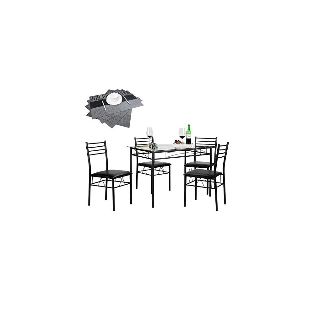 VECELO Dining Table with 4 Chairs [4 Placemats Included, Black