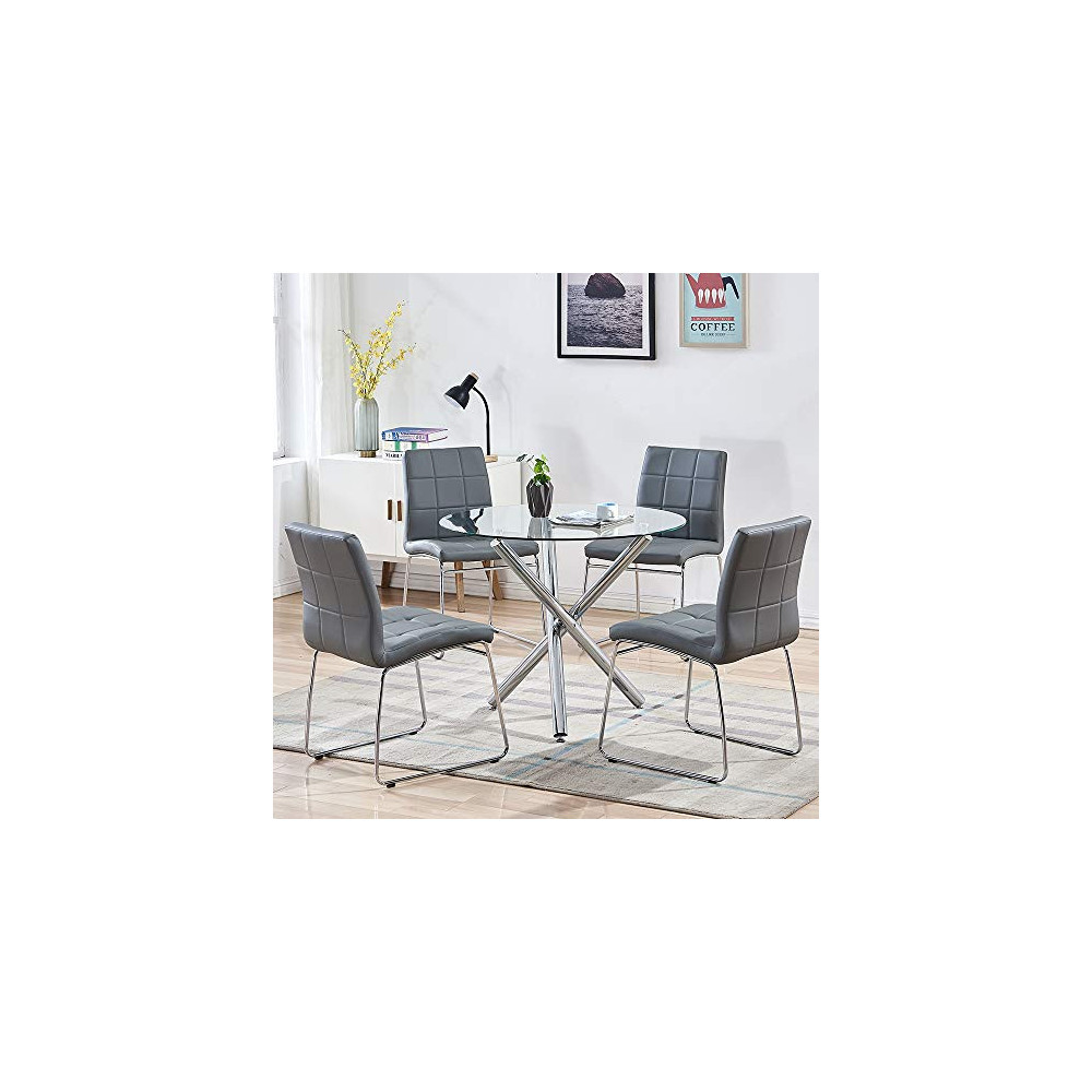 STYLIFING Dining Table and Chairs Set Round Clear Glass Top Crisscrossing Chrome Metal Legs Kitchen Table and 4 Sled Based Gr