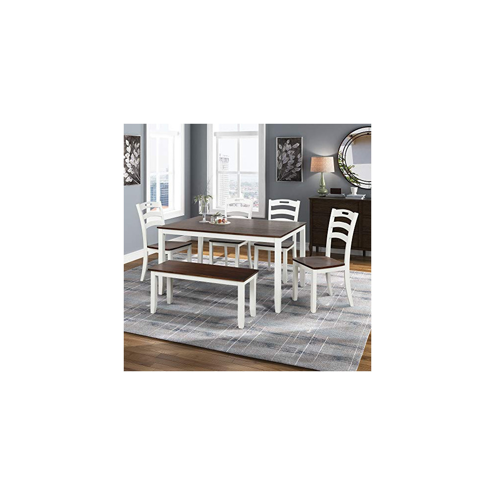 Merax Dining Table Set, 6 Piece Wood Kitchen Table Set Home Furniture Table Set with Chairs & Bench  White + Cherry 