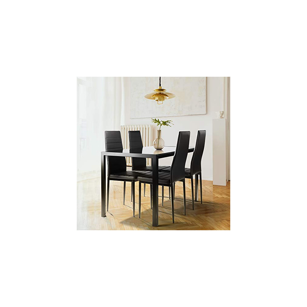 5-Piece Kitchen Dining Table Set Tempered Glass Tabletop, 4 Faux Leather Chairs - Black