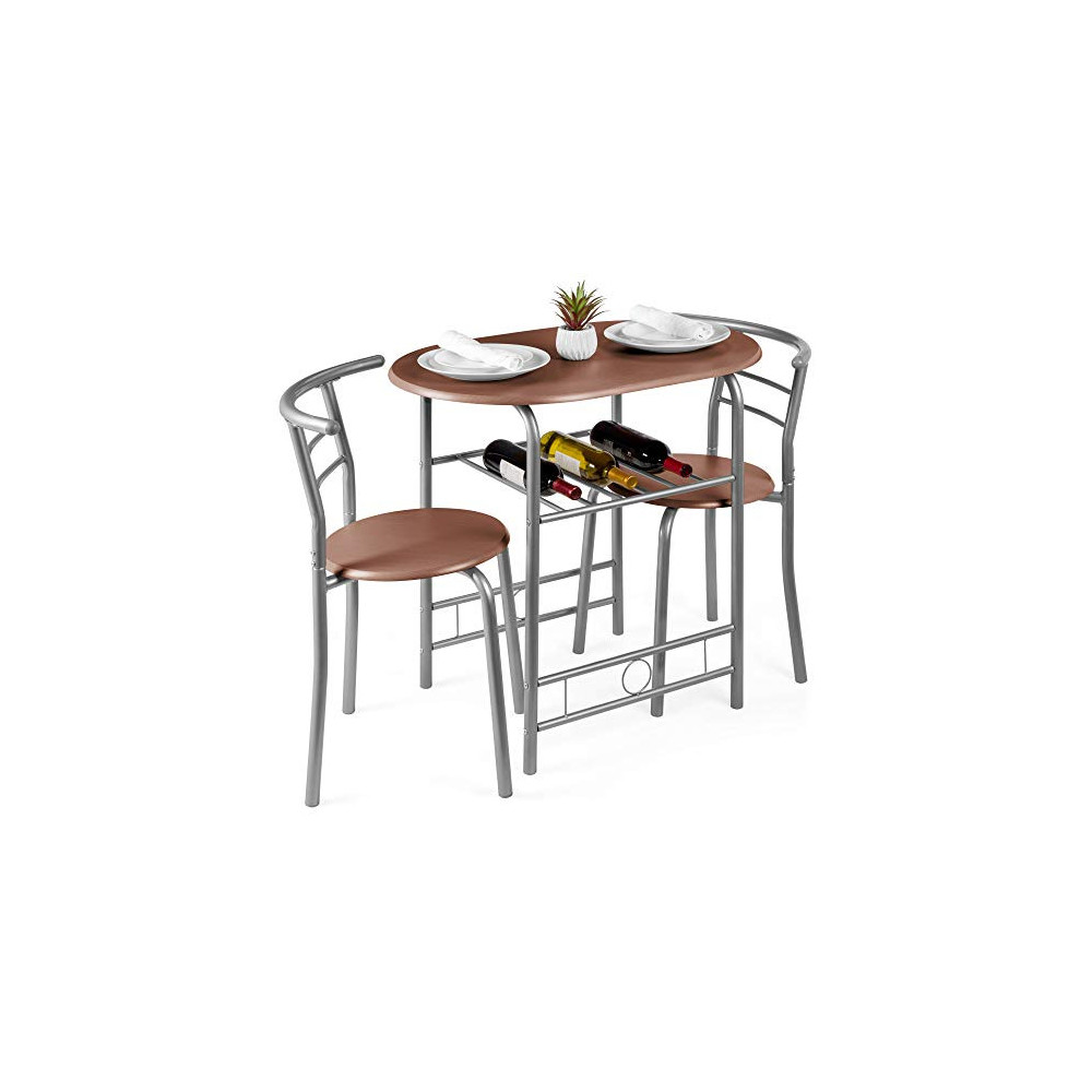 Best Choice Products 3-Piece Wooden Dining Room Round Table & Chairs Set w/Steel Frame, Built-in Wine Rack - Espresso