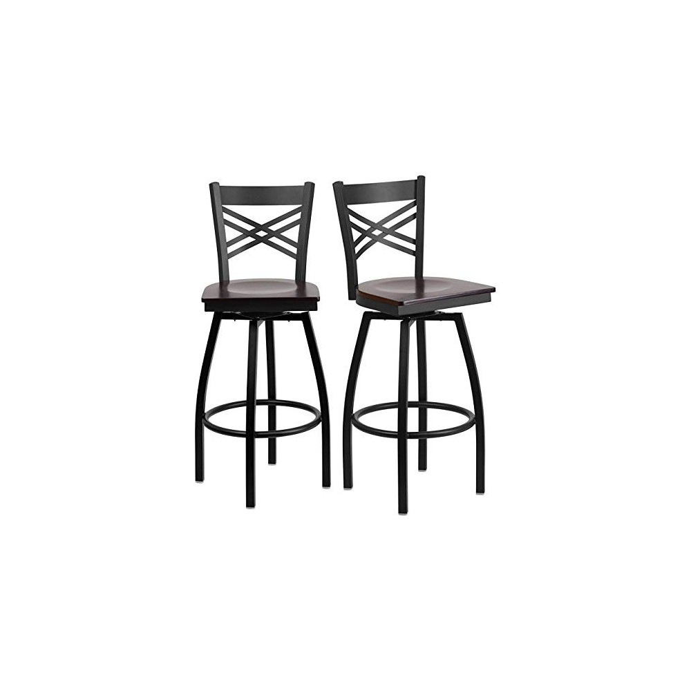 Set of 4 Metal Dining Swivel Bar Stools Cross-Back Design, Bar Height Chair Home Office Furniture - Walnut Wood Seat/2199