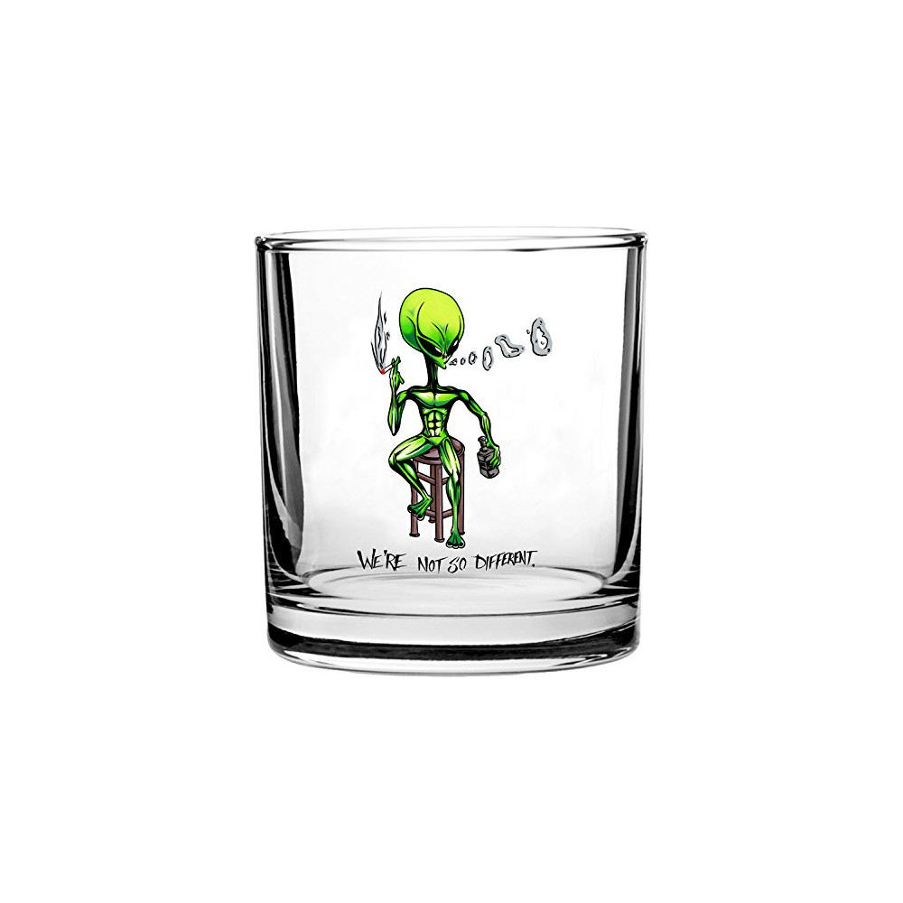 "Were Not So Different" Alien on Bar stool Smoking & Drinking - 3D Color Printed Scotch Whiskey Glass 10.5 oz