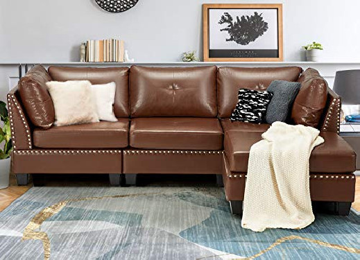 Esright 88.6” Convertible Sectional Sofa Couch with Ottoman, Modern Tufted Faux Leather L-Shaped Couch with Reversible Chaise