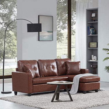 BELLEZE Altera Convertible Sectional Sofa, Modern Faux Leather L Shaped Couch 3-Seat with Reversible Chaise for Small Space, 