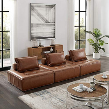 Volans Sectional Sofa, Mid Century Modern Leather Upholstered Square Modular Sectional Sofa Couch with Two Removable Non-Slip