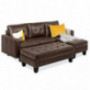 Tufted Faux Leather 3-Seat L-Shape Sectional Sofa Couch Set w/Chaise Lounge, Ottoman Coffee Table Bench, Brown