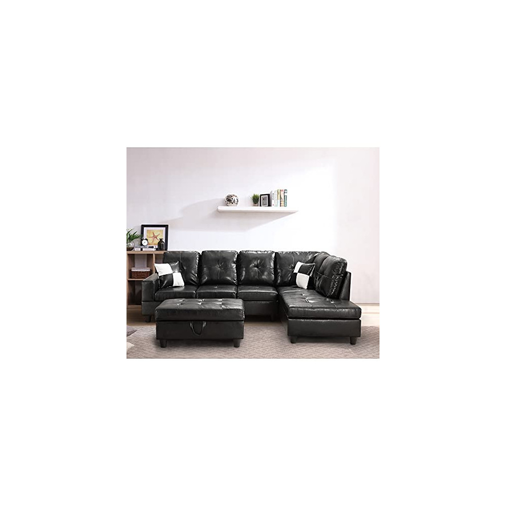 Longrune PU Sectional Sofa Couch for Living Room, with Storage Ottoman & 2 Pillows, Faux Leather, Right Chaise Black