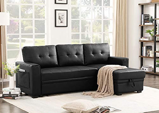Infini Furnishings 84  Wide Faux Leather Reversible Sleeper Sectional Sofa Storage Chaise Pocket Sofabed, Black