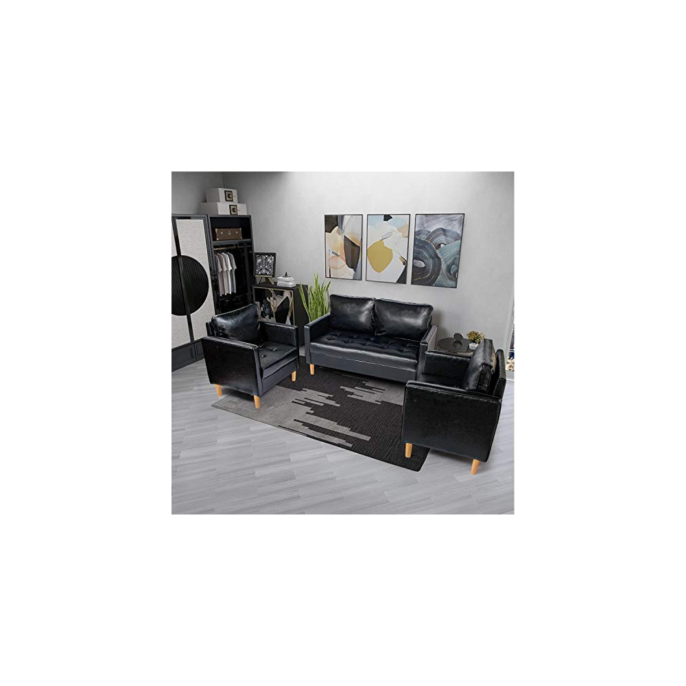 YDF Black Leather Sectional Sofa Set of 3 Loveseat and Single Leather Love Seats Stitching Tufted Cushion Suitable for Small 