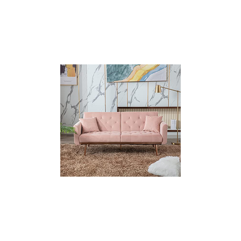 Velvet Futon Sofa Bed with 5 Golden Metal Legs, Sleeper Sofa Couch with Two Pillows, Convertible Loveseat for Living Room and