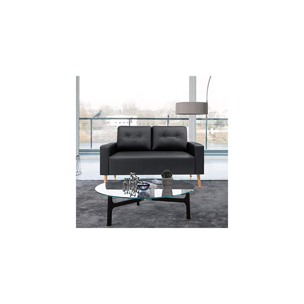 VICTONE Leather Faux Loveseat Modern Couch for Living Room PU Mid Century Loveseat Sofa with Solid Wood Frame  Black 
