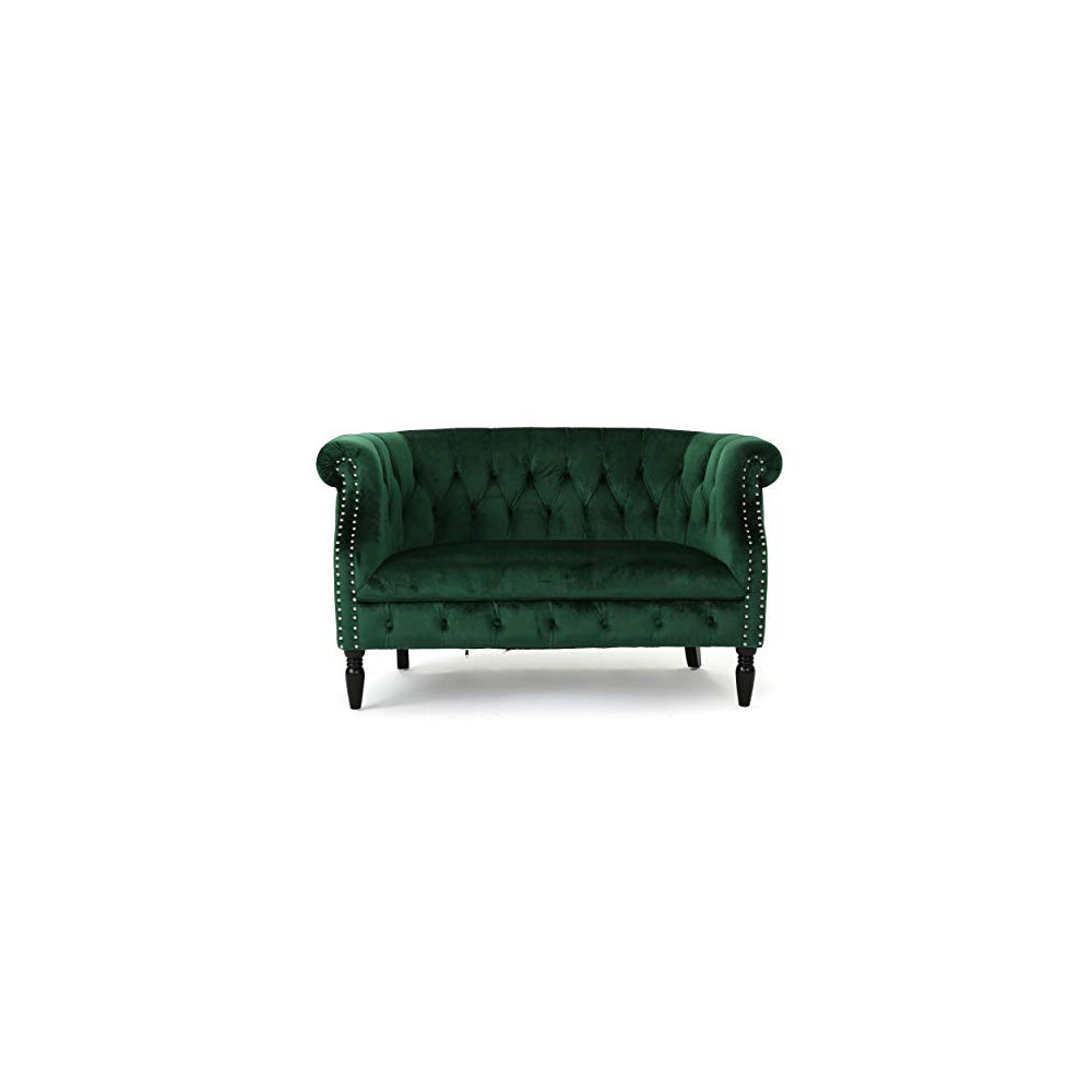 Melaina Tufted Chesterfield Velvet Loveseat with Scrolled Arms, Emerald and Dark Brown